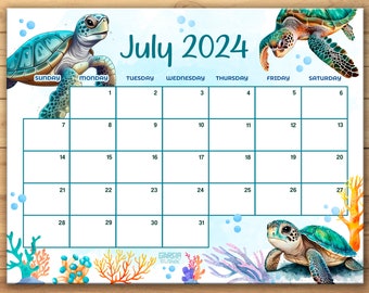 EDITABLE July 2024 Calendar, Fillable Summer Planner, Monthly Schedule for Kids, School, Home & Office Printable, Instant Download | Turtles