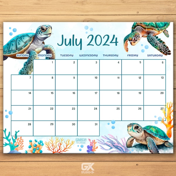 EDITABLE July 2024 Calendar, Fillable Summer Planner, Monthly Schedule for Kids, School, Home & Office Printable, Instant Download | Turtles