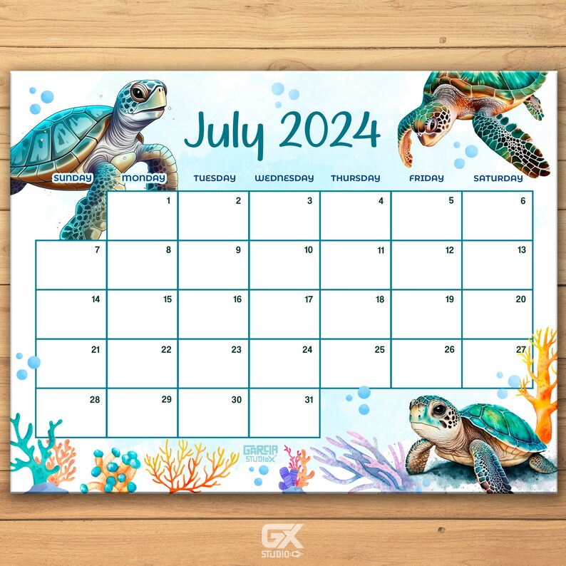 EDITABLE July 2024 Calendar With Sea Turtle Design, Fillable Summer