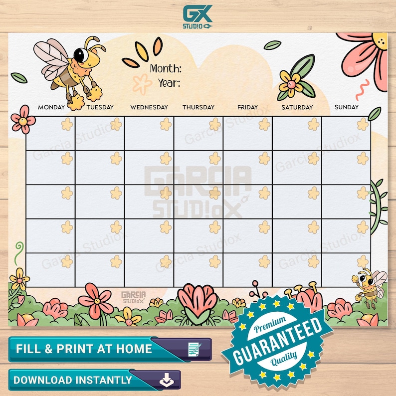 Monthly Calendar Undated Bee Design Editable And Printable File With