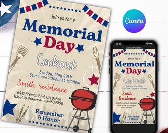Memorial Day Cookout, Memorial Day Invitation, Memorial Day Party Invite, Memorial Day Invite, Memorial Day Bbq, Editable Printable Template