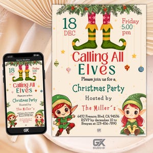 Custom Christmas Elf Party Invite, Editable Holiday Elf Celebration Template, Festive Family Gathering, Xmas Party Digital Download, elves