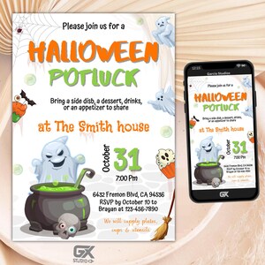 Bearbeitbare Potluck-Halloween-Partyeinladung, anpassbare PDF- und Mobile-Vorlage, druckbare Potluck-Veranstaltung einladen, gruseliges Thema für Halloween
