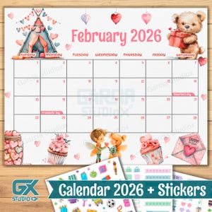 Calendario imprimible de febrero de 2026, tema de San Valentín, linda plantilla PDF mensual editable, descarga instantánea, diversión digital para niños y familias 2026