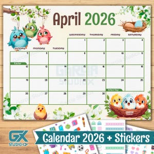 April 2026 Calendar Printable with Cute Spring Birds, Editable Monthly Template, Planner for Kids Room, Nursery Wall Art, Instant Download
