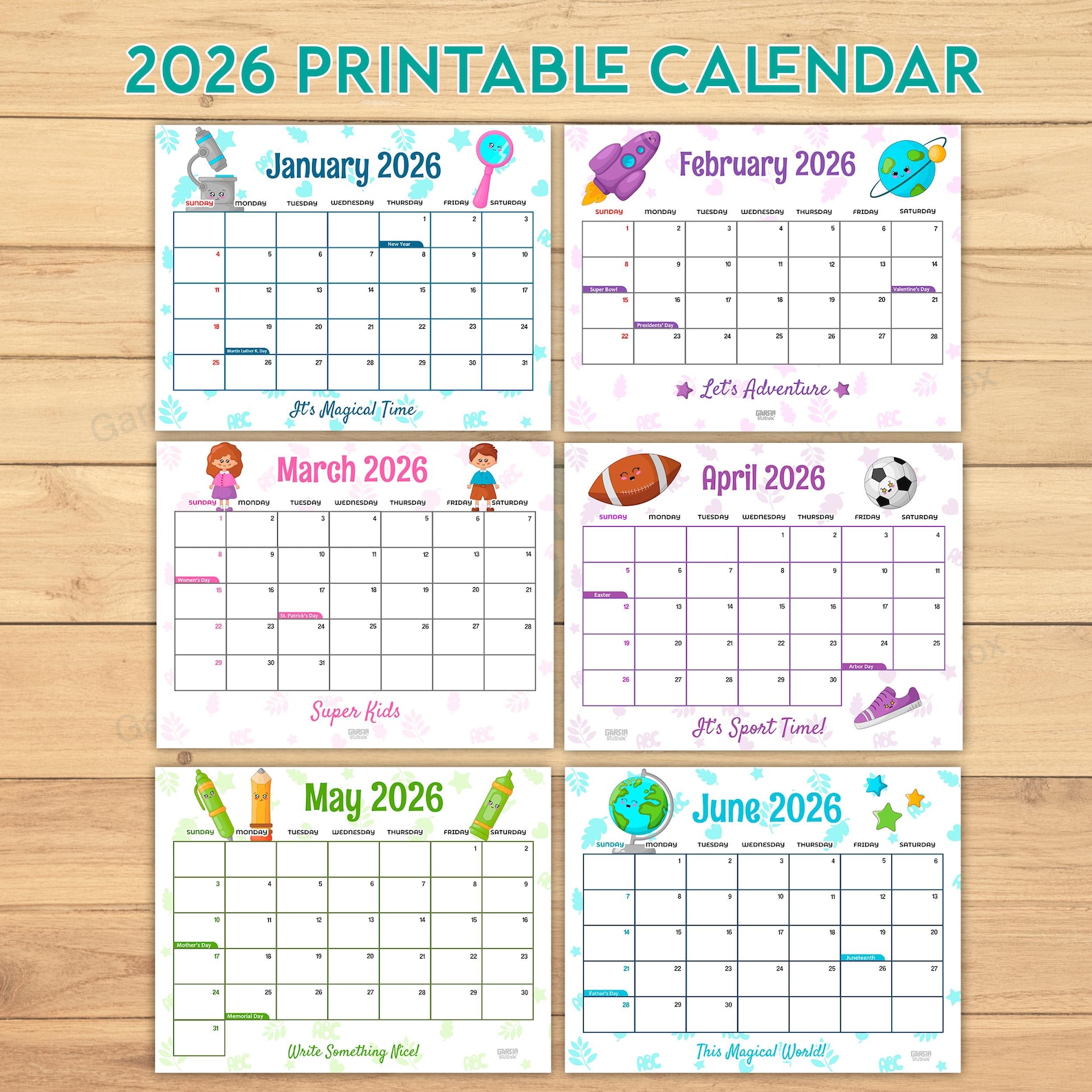 2026 Calendar Printable for Kids, Wall Calendar PDF, Homeschool ...