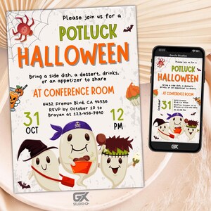 EDITIERBARE Potluck Halloween-Einladung, lustige Geister, gruseliges Design digital oder druckbar, anpassbare Party-Einladung für jedes Halloween-Event