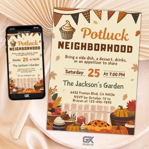 EDITABLE Potluck Neighborhood Invitation, Fall Theme, Autumn Gathering Digital Invite, Customizable Event Template for Friends & Neighbors