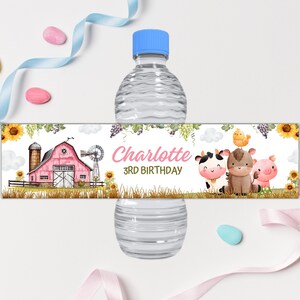 Farm Birthday Water bottle labels, Girl Farm Party, Sticker Barnyard Birthday Decor Pink Floral, Farm Printable Editable Download GX002