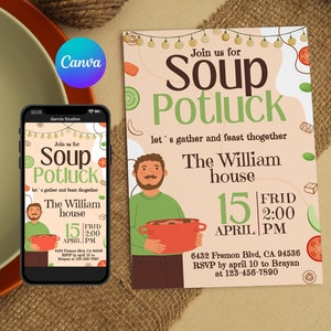 Puede incluir: Una invitación colorida para un potluck de sopa en la casa de William el viernes 15 de abril a las 2:00 PM. La invitación incluye la dirección, la información de RSVP y una ilustración de dibujos animados de una persona sosteniendo una olla de sopa.