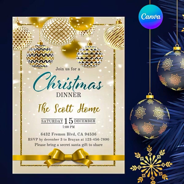 Editable Christmas Dinner Template: invite your family to the Christmas Eve lunch and enjoy the party. Christmas Dinner Invitation, Golden