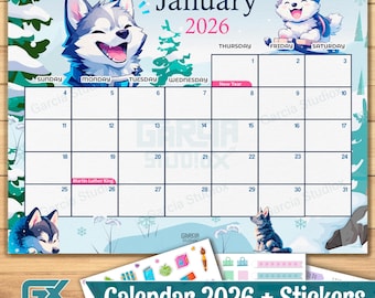Bearbeitbarer Januar 2026 Digitaler Kalender - Husky Hund Schnee Thema - Anpassbare Winter Planer Vorlage für Hundeliebhaber und Winter-Enthusiasten
