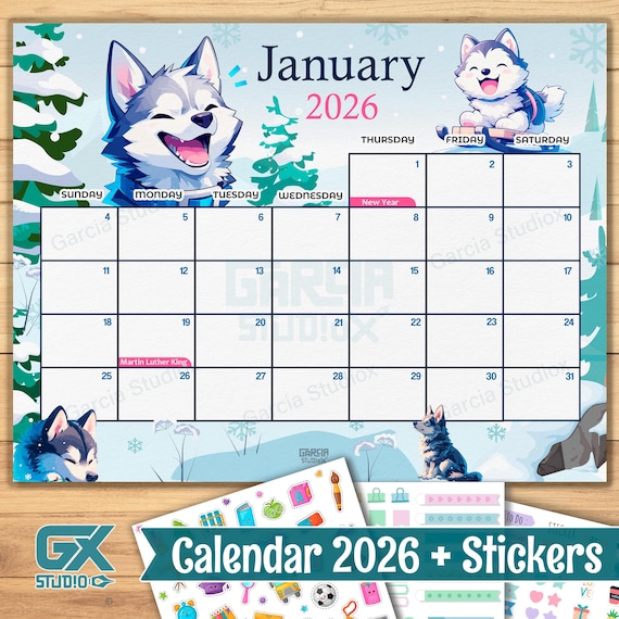 Editable January 2026 Digital Calendar - Husky Dog Snow Theme ...