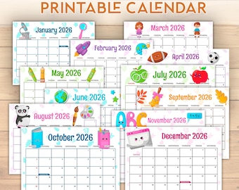 2026 Kalender zum Ausdrucken, Wandkalender PDF, Schulkalender, minimalistischer Wandkalender, Kinder-Monatsplaner, Willkommen in der Schule