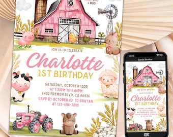 Editable Farm Birthday Invitation, Girl Barn Party, Digital Invite, Farm Animals Barnyard Invitations, INSTANT DOWNLOAD, birthday girl GX002