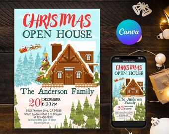 Christmas Open House Invitation Template, Editable Christmas Open House Party Invitations, Open House Christmas, Christmas Dinner Invite