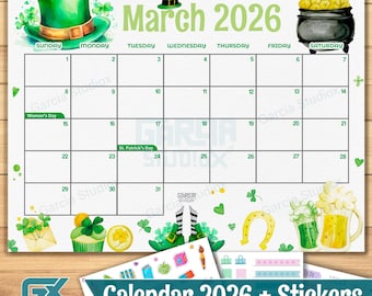 March 2026 Calendar Printable St. Patricks Day Theme, Cute Editable PDF Monthly Planner, Green Holiday Template, Lucky Clover Gold Hat Beer