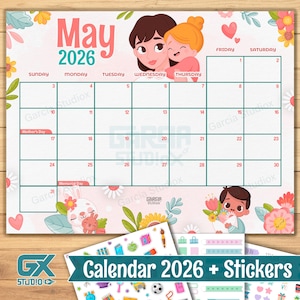 Maj 2026 Uroczy kalendarz do wydrukowania dla dzieci i mam, edytowalny miesięczny planer z motywem Dnia Matki, cyfrowy szablon PDF do pobrania dla domu