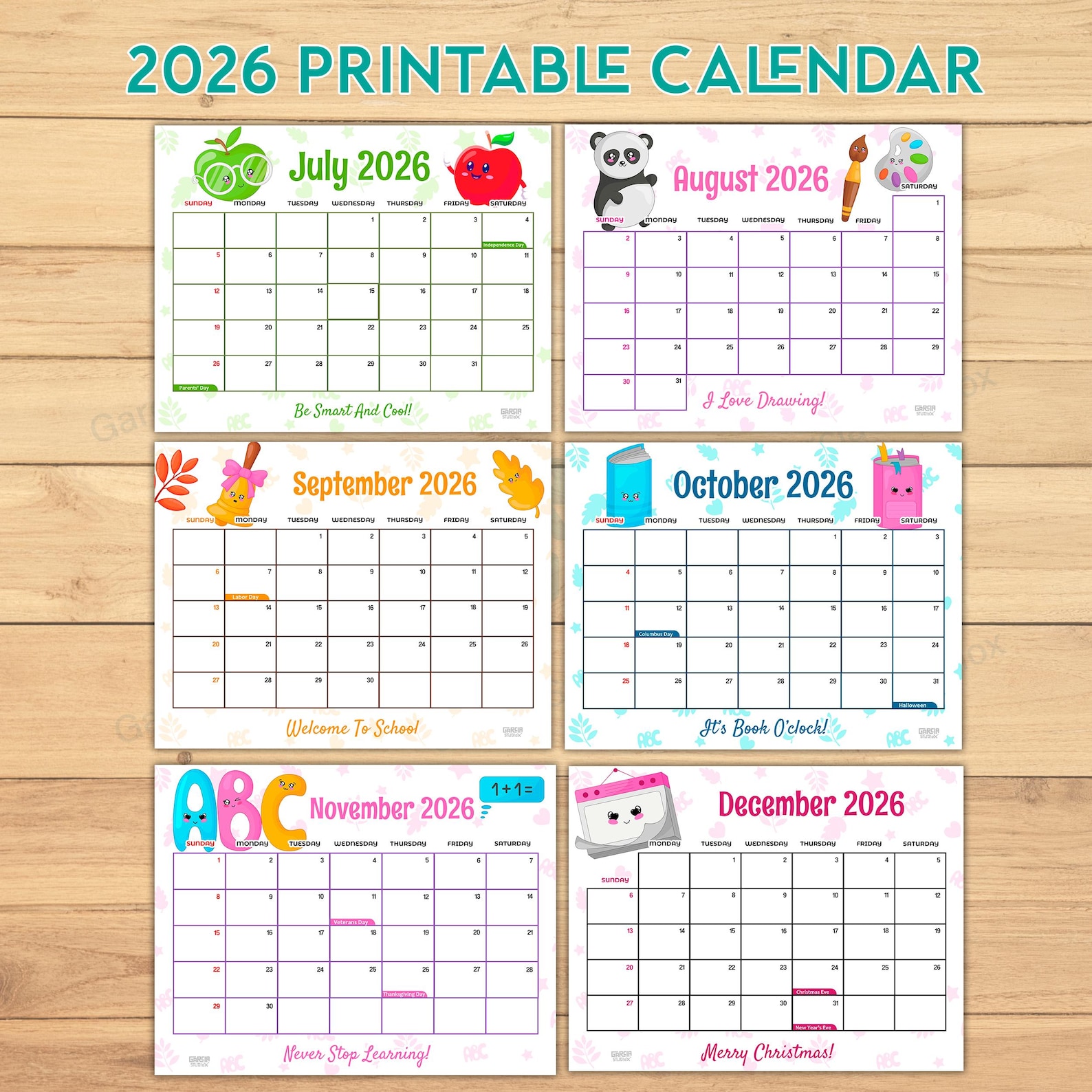 2026 Calendar Printable for Kids, Wall Calendar PDF, Homeschool ...
