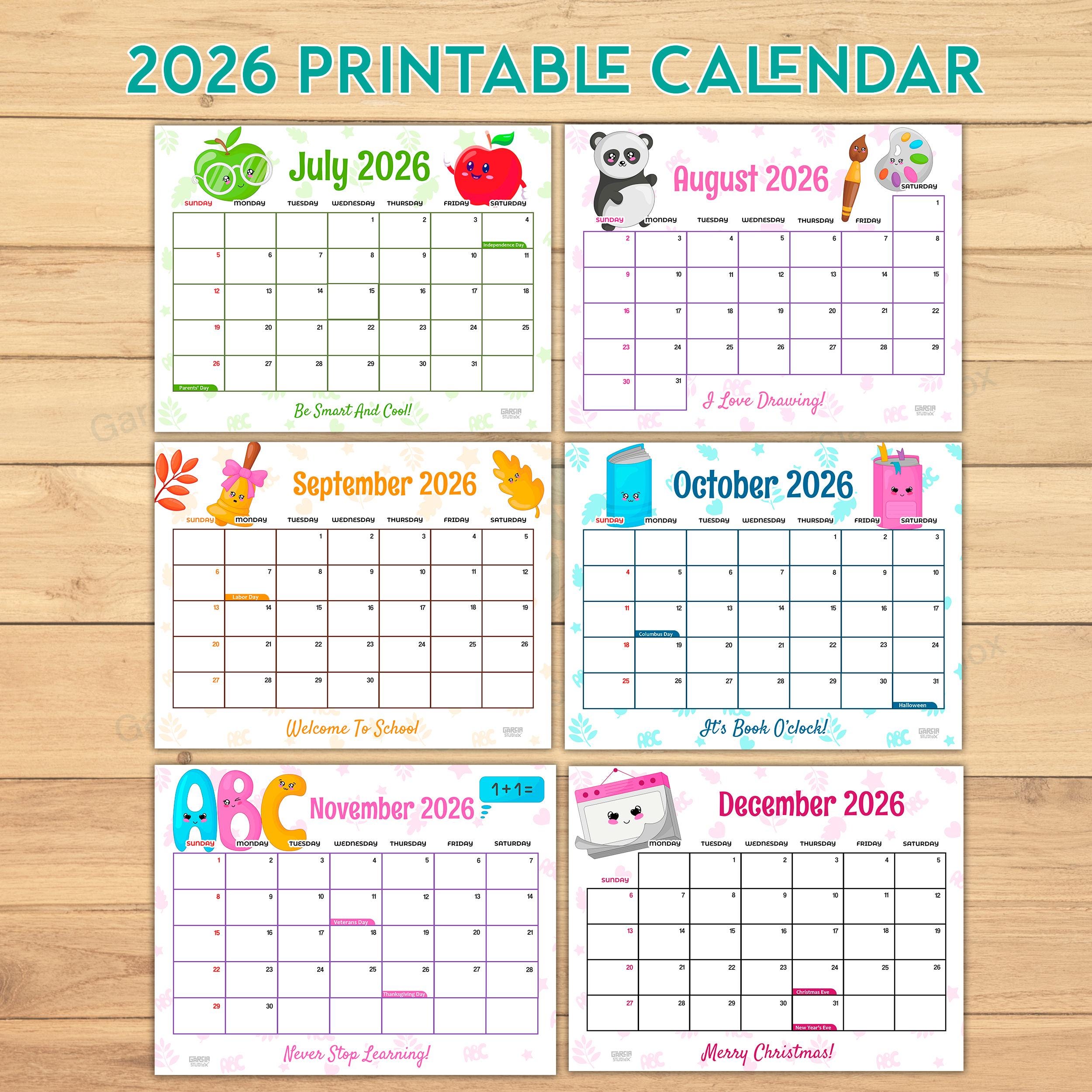 2026 Calendar Printable for Kids, Wall Calendar PDF, Homeschool ...