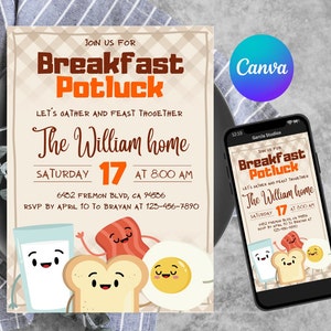 May include: A printable invitation for a breakfast potluck. The invitation features a cartoon illustration of a glass of milk, a slice of toast, and a fried egg. The text on the invitation reads "Join us for Breakfast Potluck. Let's gather and feast together. The William home. Saturday 17 at 8:00 AM. 6432 Fremon Blvd, CA 94536. RSVP by April 10 to Brayan at 123-456-7890."