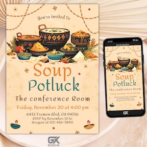 Editable Hindu Soup Potluck Invitation, Mandalas & Traditional Cauldrons, Perfect for Neighborhood, Family, or Community Potluck Gatherings