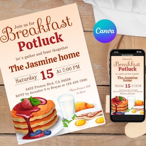 May include: A printable invitation for a breakfast potluck. The invitation features a colorful illustration of pancakes, eggs, bacon, and a glass of milk. The text on the invitation reads "Join us for Breakfast Potluck let's gather and feast together The Jasmine home Saturday 15 At 7:00 PM 6432 Fremon Blvd, CA 94536 RSVP by december 3 to Brayan at 123-456-7890 Please bring a dish to share".