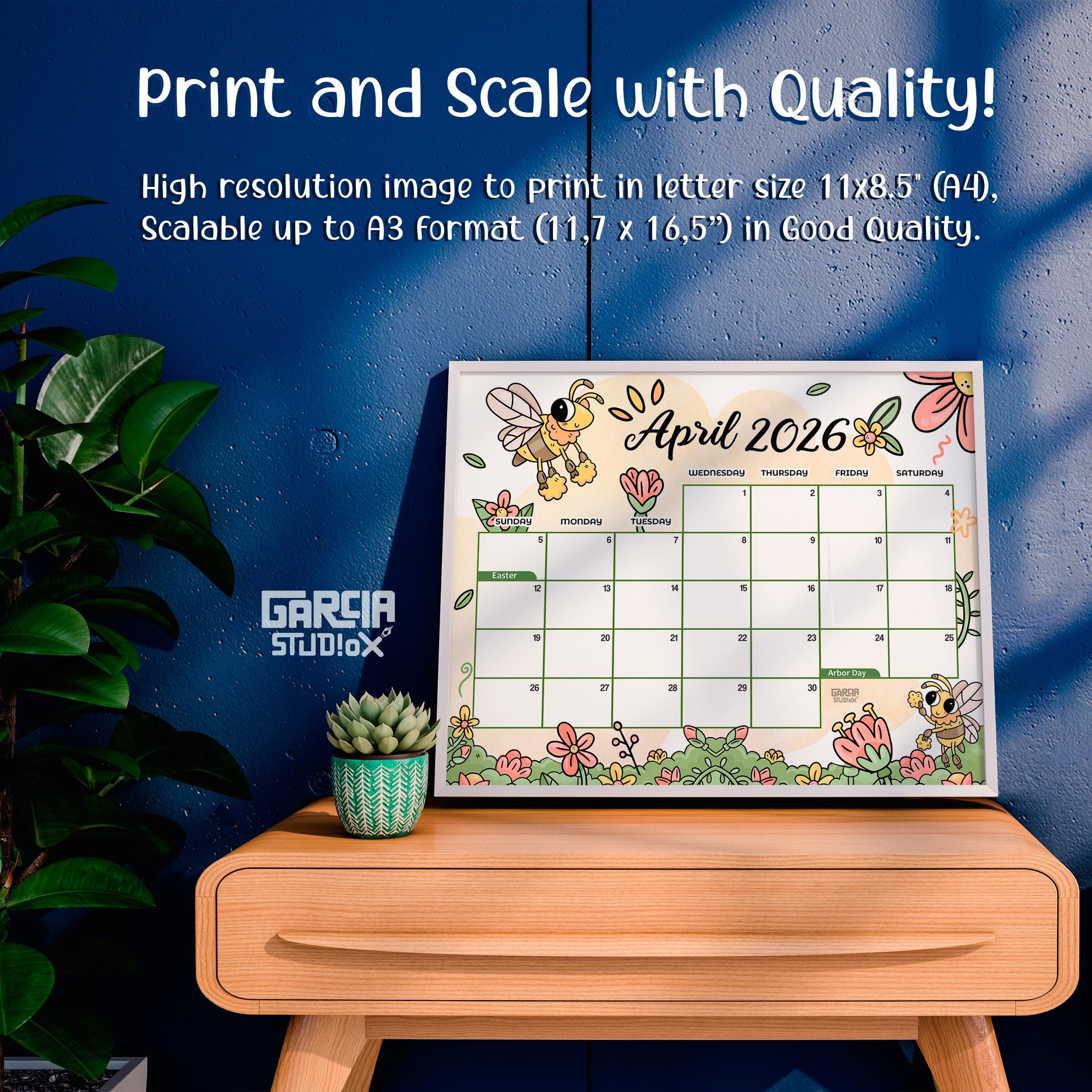 April 2026 Calendar Printable for Kids With Cute Bees, Editable PDF ...