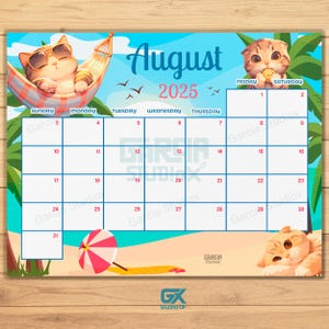 EDITABLE August 2025 Calendar, Summer Cat Calendar, Kawaii Summer Digital Beach, Printable Classroom Calendar Planner, Kids School Schedule