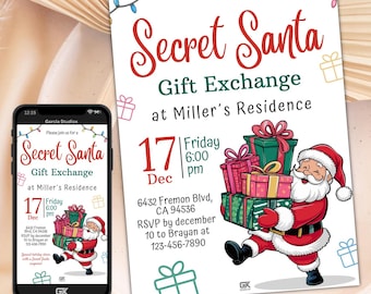 Può includere: Un invito festivo per uno scambio di regali Secret Santa presso la residenza di Miller il 17 dicembre alle 18:00. L'invito presenta un Babbo Natale dei cartoni animati che trasporta una pila di regali avvolti e uno sfondo festivo di luci natalizie.
