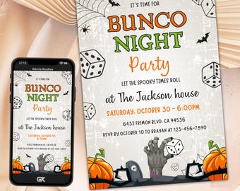 May include: A Halloween-themed invitation for a Bunco night party. The invitation features a spooky green and orange colour scheme with dice, pumpkins, and a zombie hand. The text reads "It's time for Bunco Night Party" and includes the date, time, and location of the event.