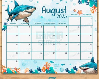 EDITIERBARER Kalender August 2025, befüllbarer Sommerplaner, Monatlicher Stundenplan für Kinder, Schule, Haus & Büro druckbar, Sofort-Download | Hai