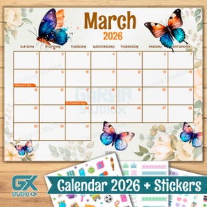 Calendario di marzo 2026 stampabile con festività, tema farfalla, grazioso planner mensile modificabile in PDF, download immediato, modello di calendario primaverile
