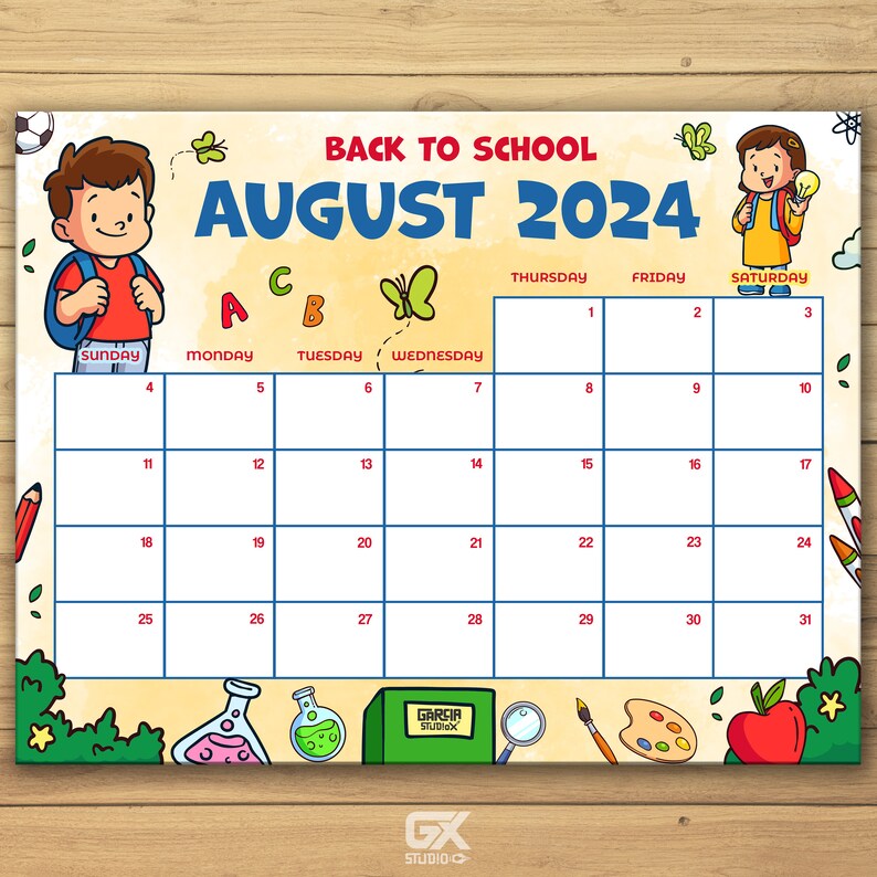 EDITABLE August 2024 Calendar, Fillable Back to School Planner, Monthly