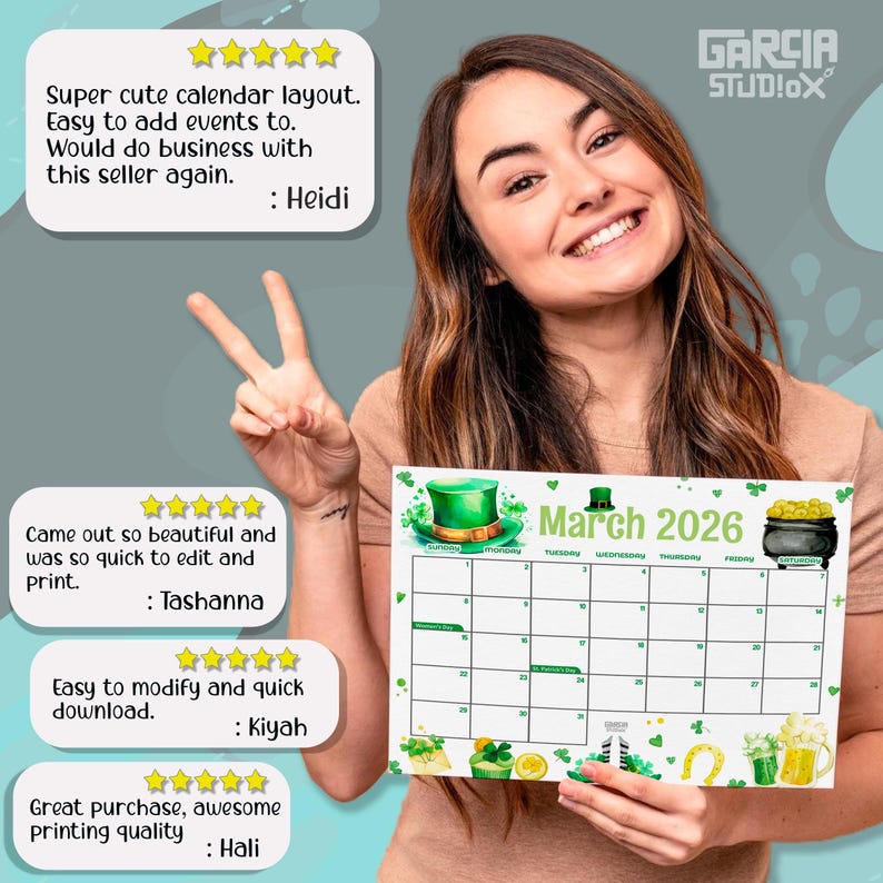 March 2026 Calendar Printable St. Patricks Day Theme, Cute Editable PDF ...