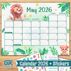 Printable May 2026 Calendar for Kids, Cute Lion Jungle Theme, Editable PDF, Animal Safari Monthly Planner, Instant Download for Classroom
