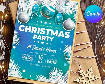 Może przedstawiać: Zaproszenie na przyjęcie bożonarodzeniowe z niebiesko-turkusowym gradientem, z ozdobami i płatkami śniegu. Tekst brzmi "Christmas Party" i zawiera szczegóły wydarzenia. Zaproszenie znajduje się na brązowym tle papieru z dekoracyjnym sznurkiem i drewnianą płatkiem śniegu.