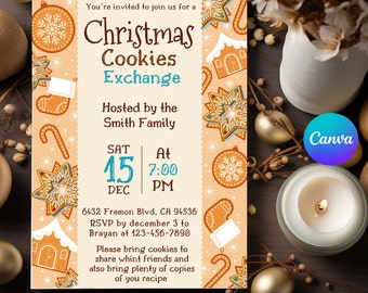 May include: A festive invitation for a Christmas Cookies Exchange, featuring gingerbread cookie illustrations. The invitation is hosted by the Smith Family on December 15th at 7:00 PM. Includes address and RSVP details. Decorative elements include candles and ornaments.