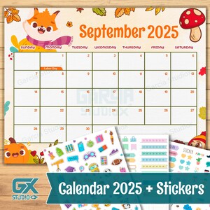 Può includere: Un calendario di settembre 2025 con un design a cartoni animati di volpe e fungo. Include un set di adesivi colorati con elementi scolastici e decorativi. Il calendario ha la festa del Labor Day contrassegnata.