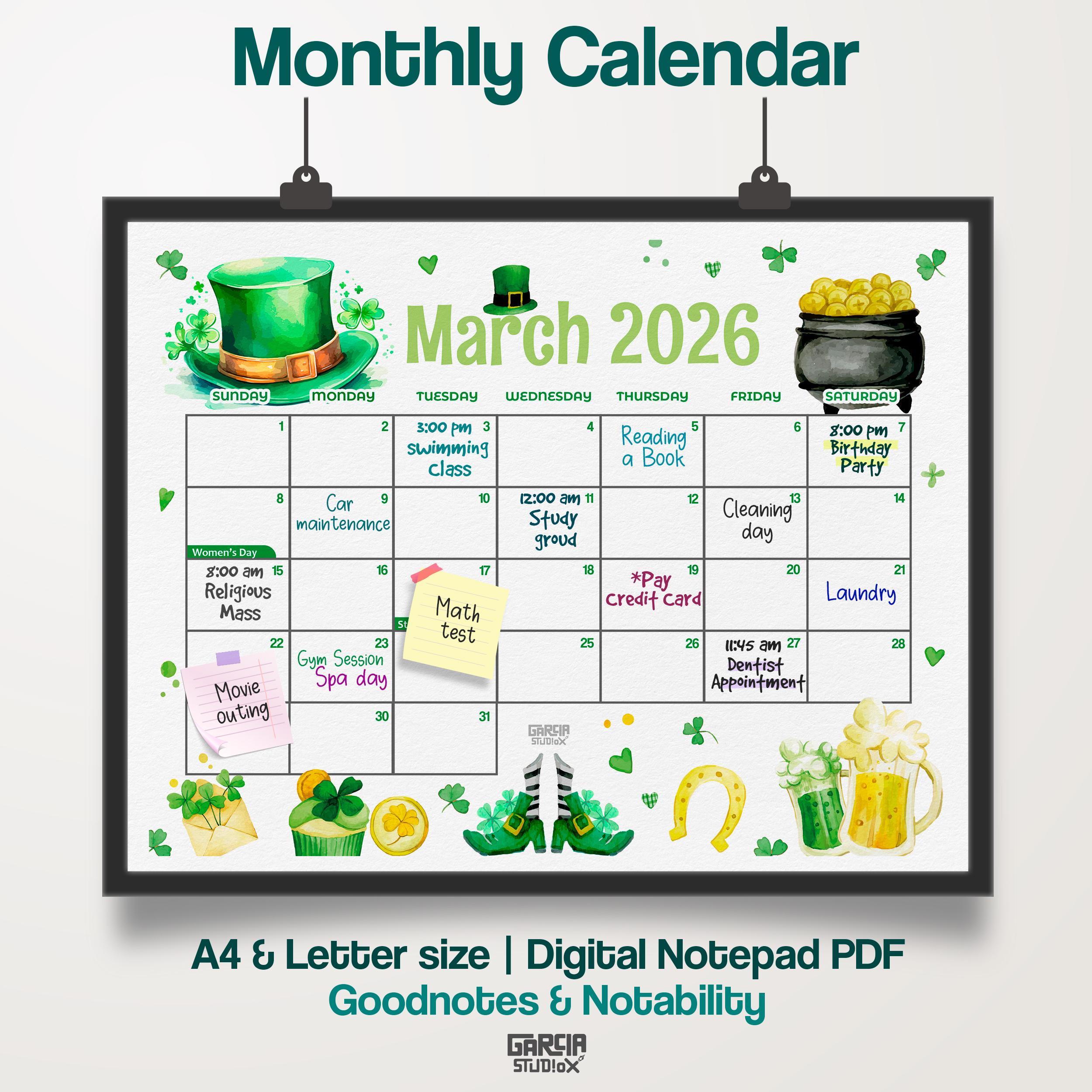 March 2026 Calendar Printable St. Patricks Day Theme, Cute Editable PDF ...