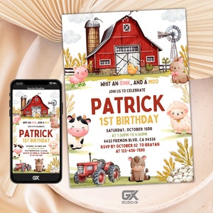 Farm Birthday Party Invitation, Barn Farm Animals Birthday Party Invitation, Editable Invitation, Tractor and Farm Animal Theme, canva GX002