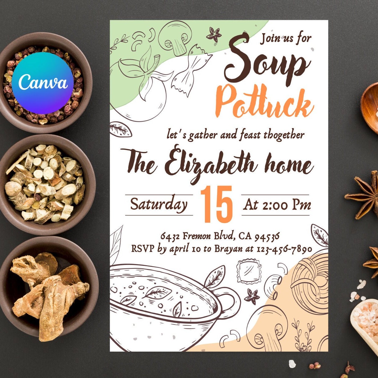 Soup Potluck Invitation Template, Editable Invite Soup Potluck, Soup