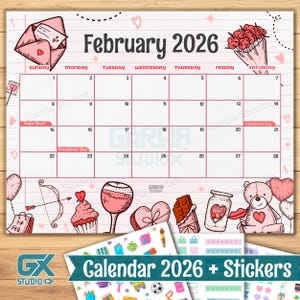 Calendario imprimible de febrero de 2026, bonito tema de San Valentín en PDF, plantilla de planificador mensual editable, descarga instantánea para niños y adultos.