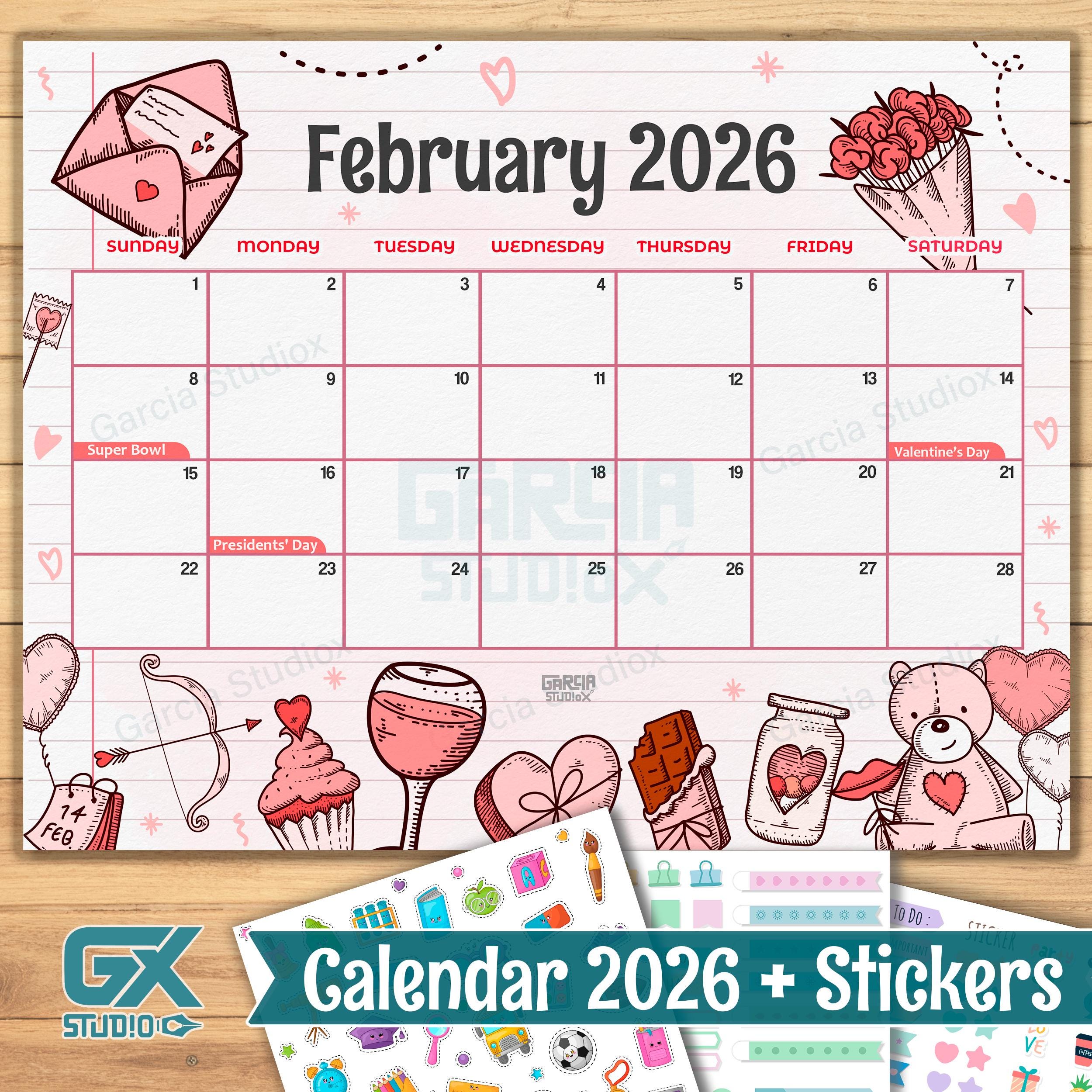 February 2026 calendar printable, cute valentines day theme pdf, editable  monthly planner template, instant download for kids, adults love - etsy