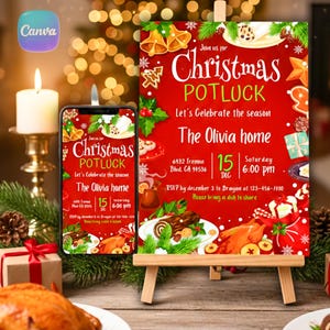 Repas-partage de Noël, modèle modifiable d'invitation partagée de Noël, invitation partagée de repas-partage de Noël, invitation au dîner de Noël en famille