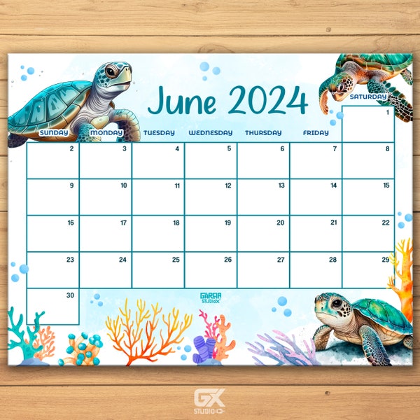 EDITABLE June 2024 Calendar, Fillable Summer Planner, Monthly Schedule for Kids, School, Home & Office Printable, Instant Download | Turtles