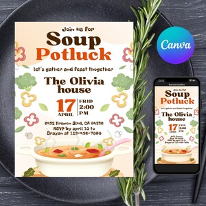 Puede incluir: Una invitación colorida para un potluck de sopa en la casa de Olivia el 17 de abril a las 2:00 PM. La invitación presenta una ilustración de dibujos animados de una olla de sopa con verduras y una cuchara. El texto "Join us for Soup Potluck" está en una fuente retro.