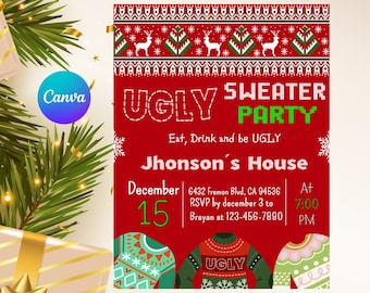 Op de afbeelding: Een rode uitnodiging voor een Ugly Sweater Party. De uitnodiging bevat de tekst "Ugly Sweater Party", evenementdetails en illustraties van truien. De datum is 15 december om 19:00 uur.