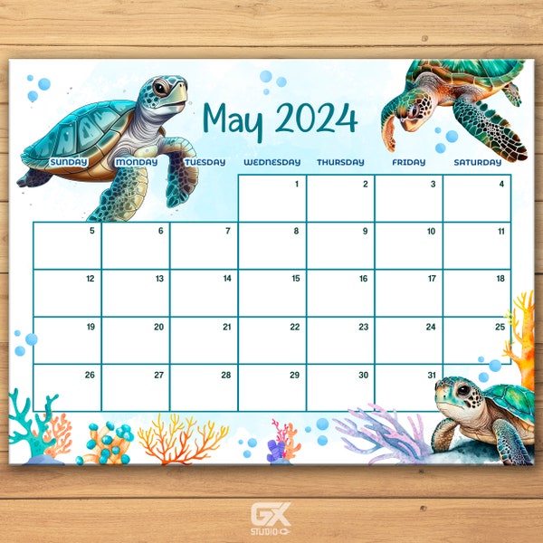 Calendrier de mai 2024 MODIFIABLE, agenda de printemps à remplir, calendrier mensuel pour enfants, école, maison et bureau imprimable, téléchargement immédiat | Tortues