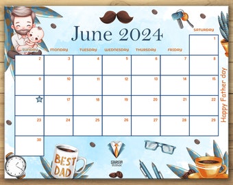 EDITABLE June 2024 Calendar, Fillable Summer Planner, Monthly Schedule for Kids, School, Home & Office Printable Instant Download father day